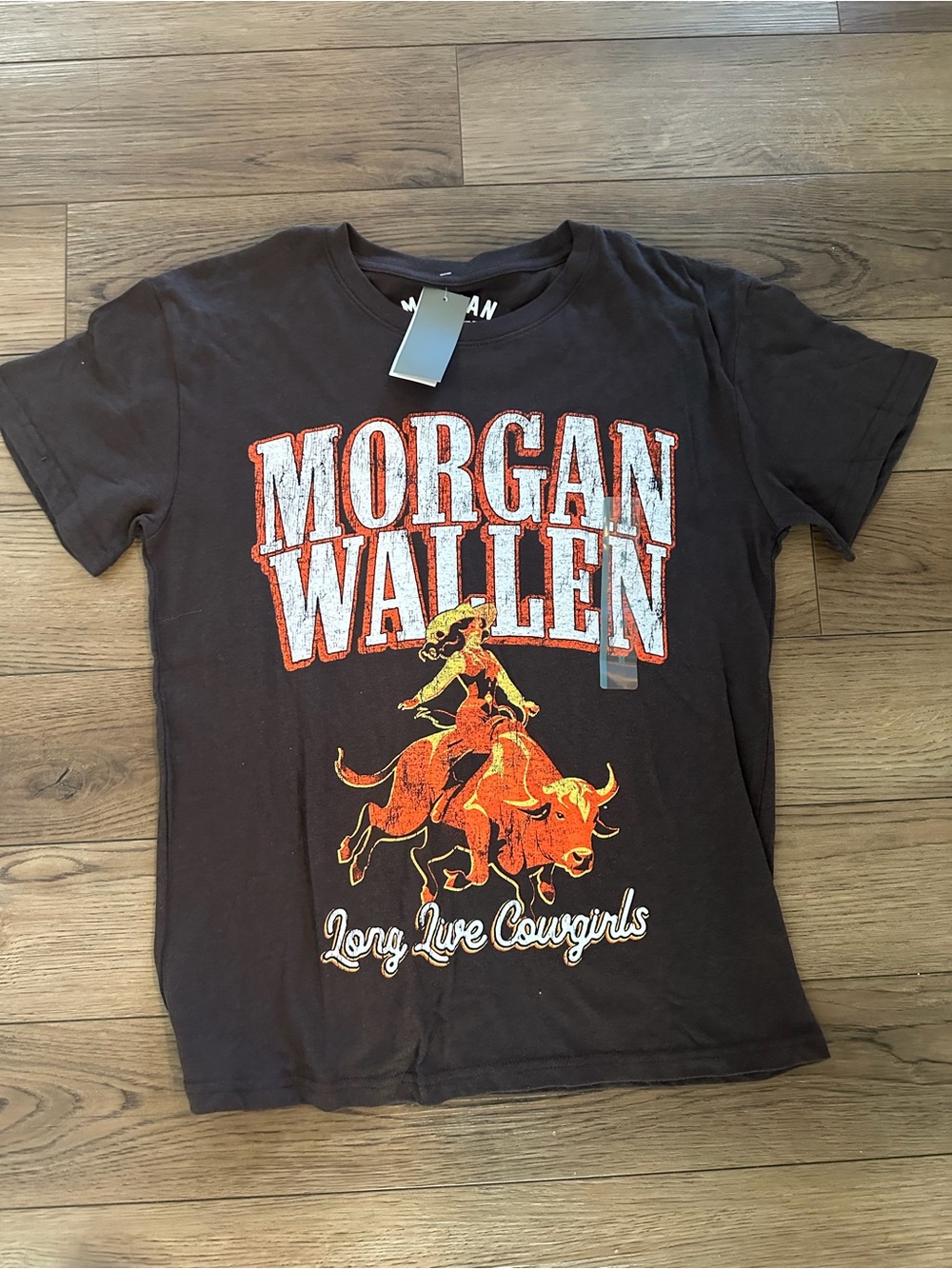 Brown Short Sleeve Graphic Tee with Orange Cowboy Print